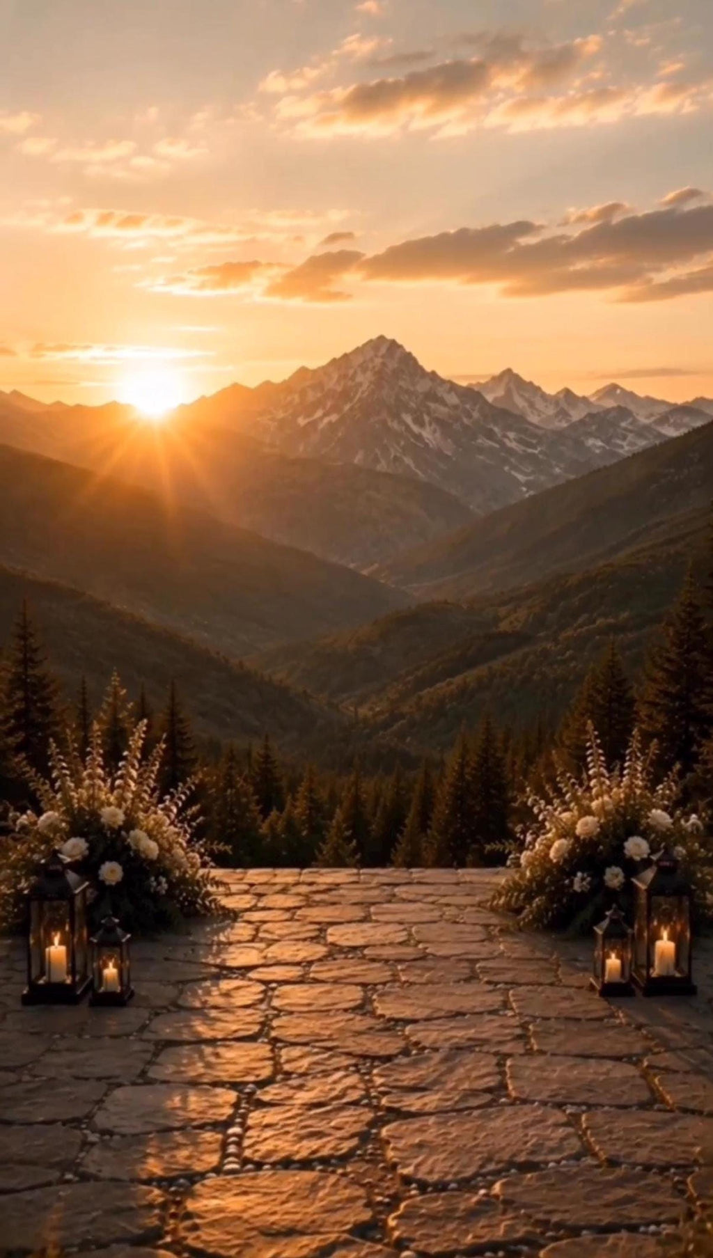 A stone patio overlooks a mountain valley at sunset with floral arrangements and lit lanterns on the ground.
