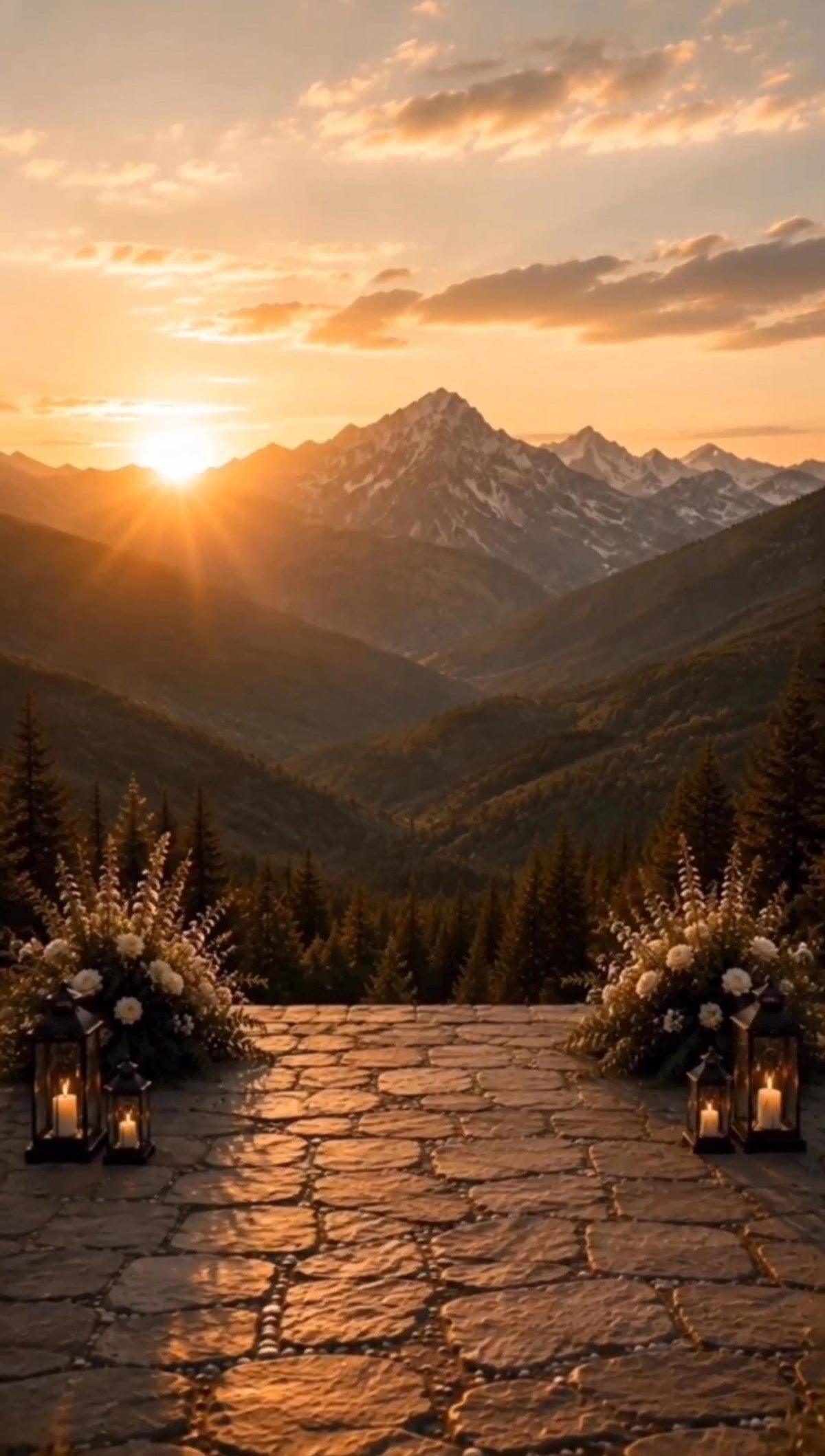 A stone patio overlooks a mountain valley at sunset with floral arrangements and lit lanterns on the ground.