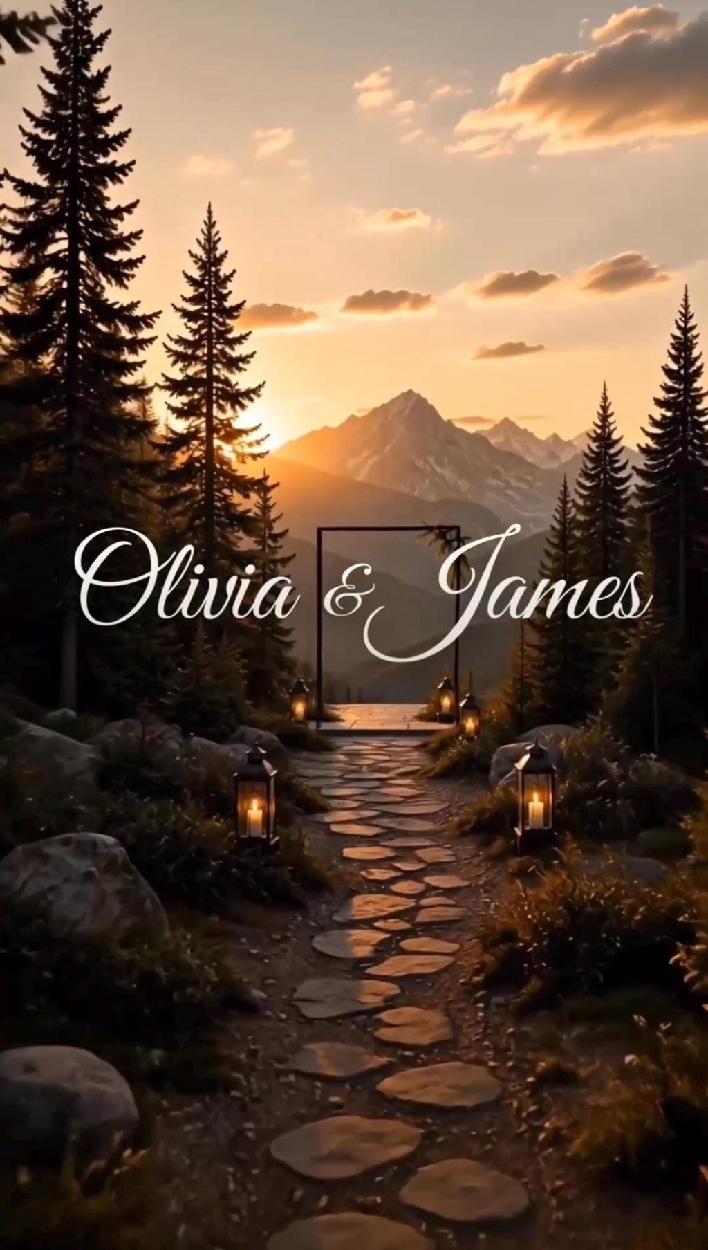 A sunset mountain view with tall pine trees and a stone walkway displaying the names Olivia and James.