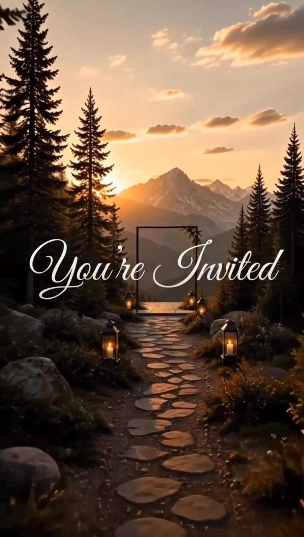 A mountain forest sunset video frame with the text Youre Invited overlaying the stone path scene.
