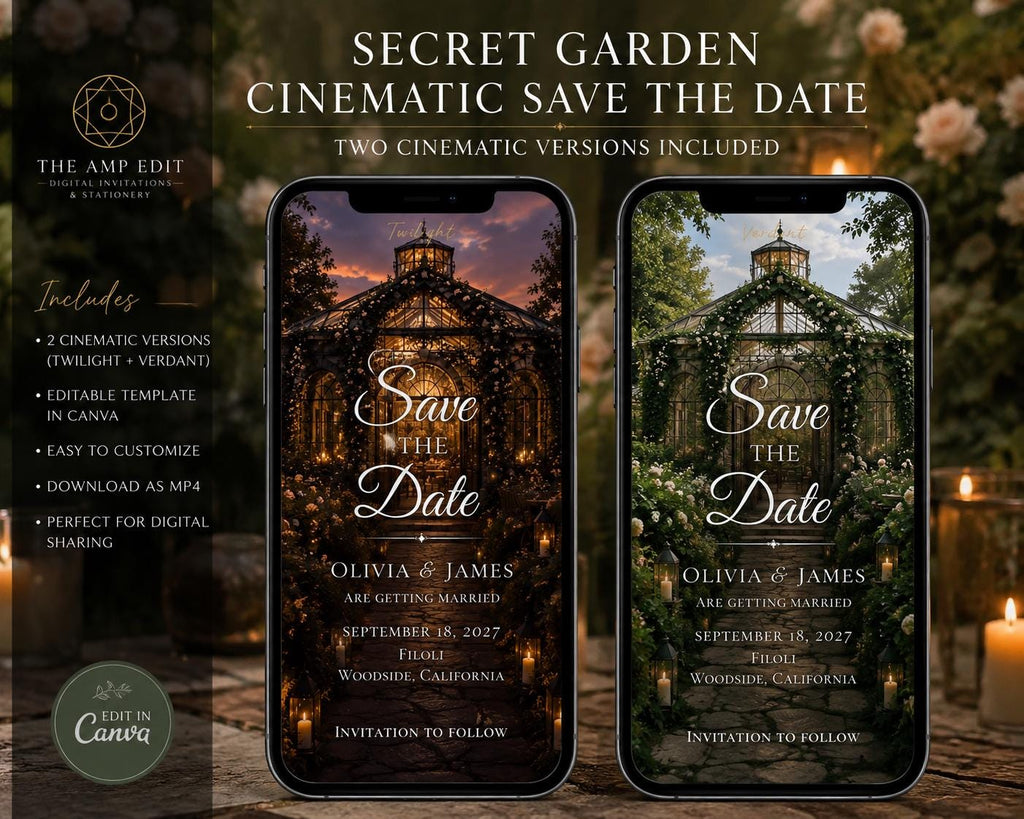 Cinematic Secret Garden Save the Date Template, Editable in Canva, Includes 2 Versions - Twilight and Verdant
