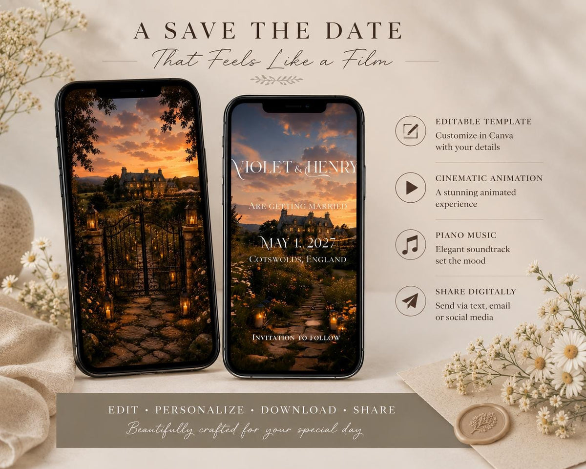 Cinematic Wildflower English Estate Save the Date Template, Editable in Canva Invitation
