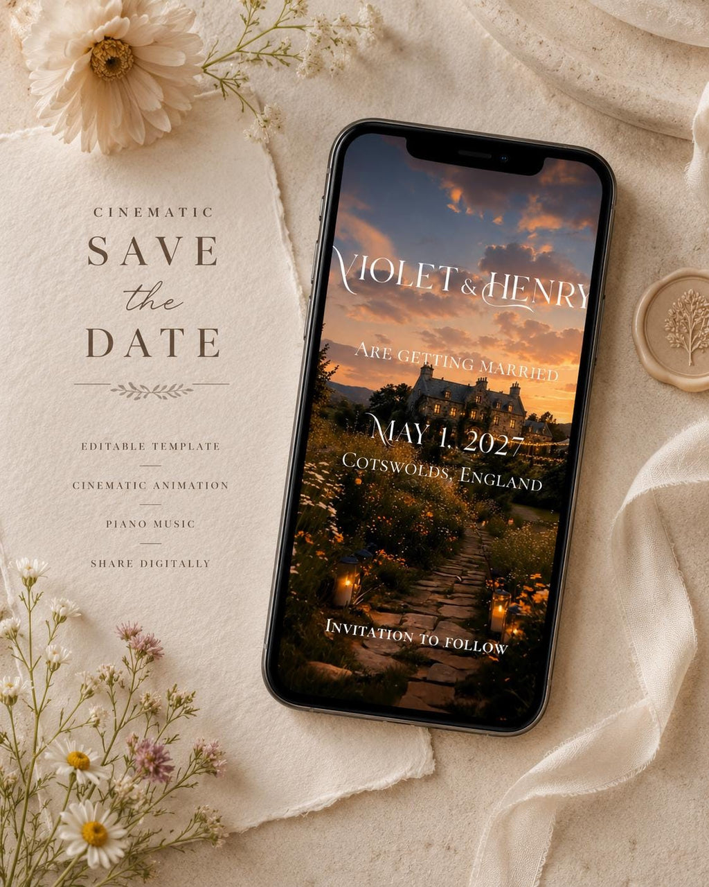Cinematic Wildflower English Estate Save the Date Template, Editable in Canva Invitation