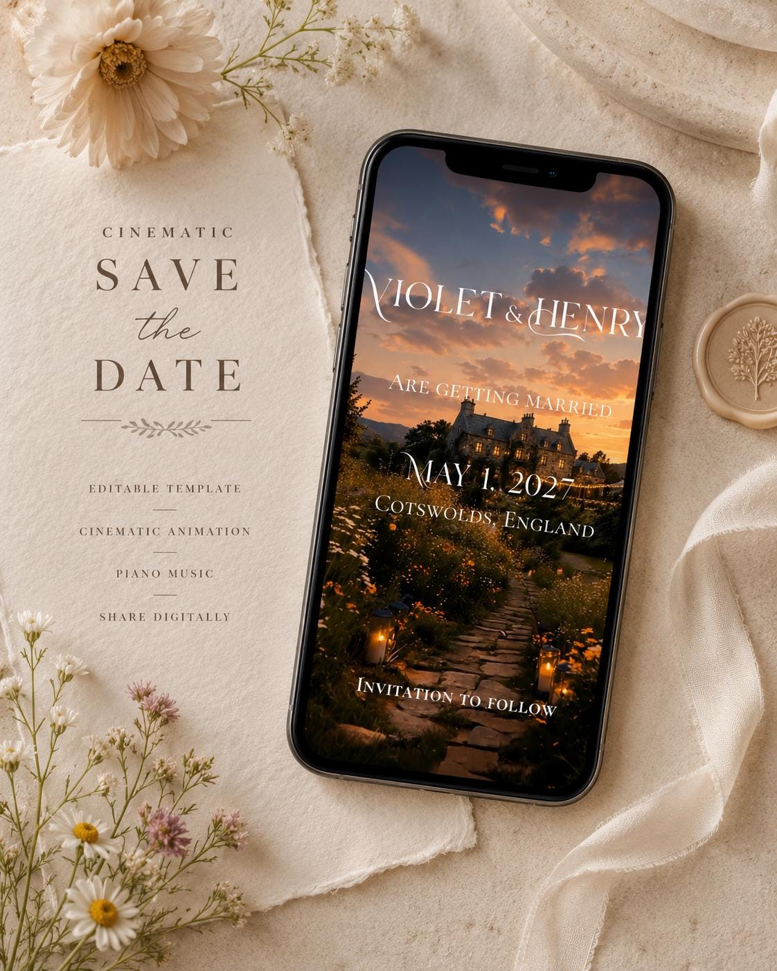 Cinematic Wildflower English Estate Save the Date Template, Editable in Canva Invitation