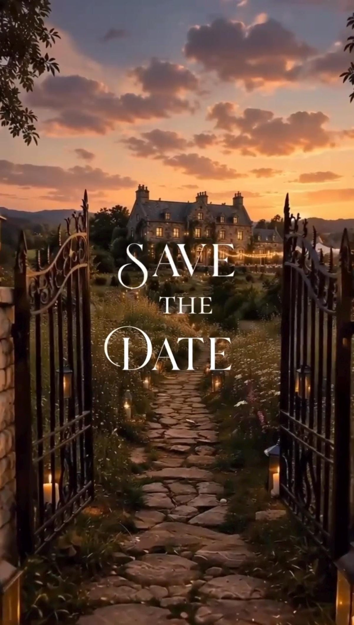 Cinematic Wildflower English Estate Save the Date Template, Editable in Canva Invitation