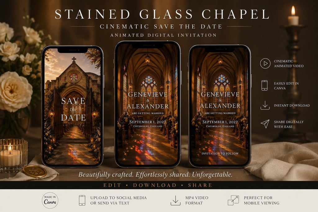 Cinematic Stained Glass Chapel Save the Date Template, Editable in Canva
