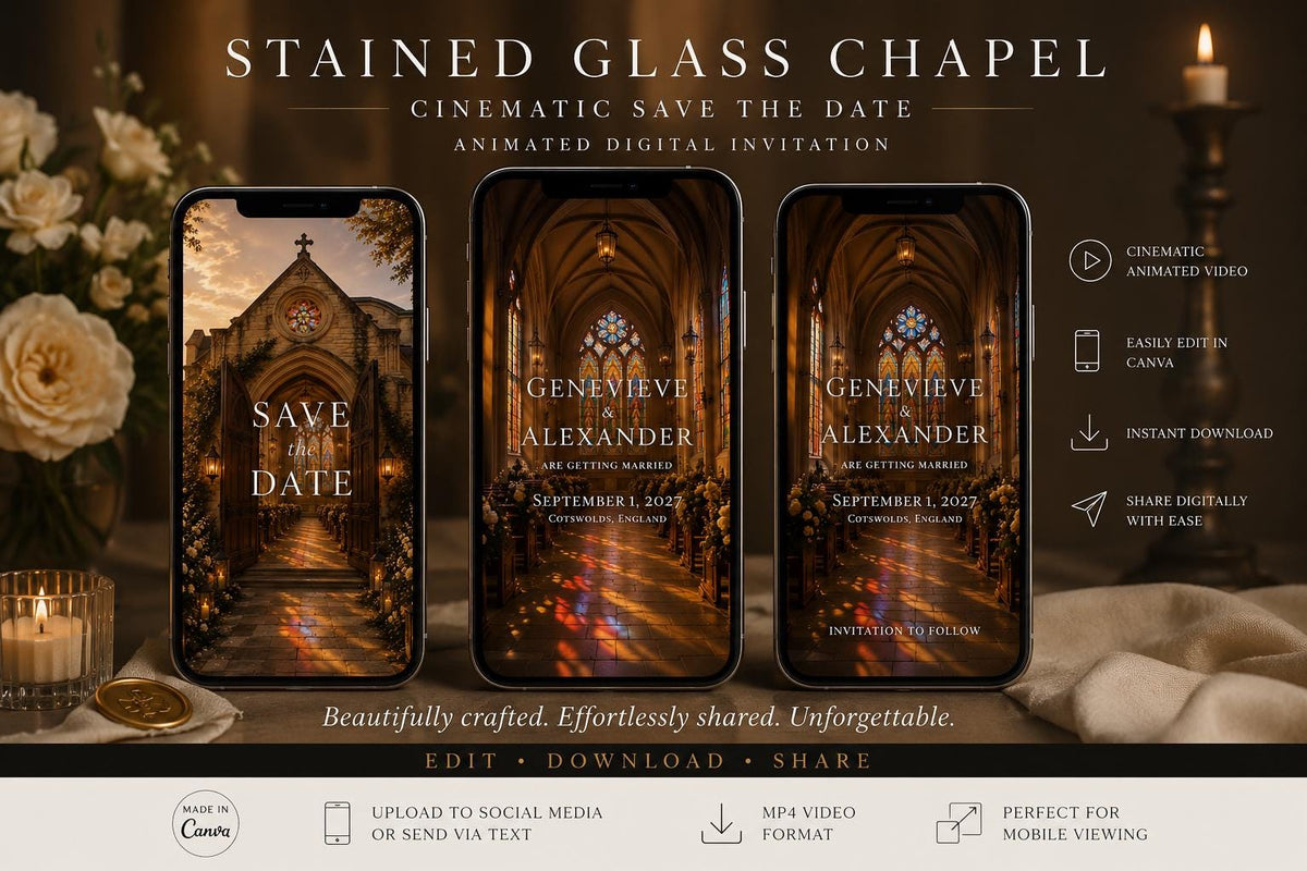 Cinematic Stained Glass Chapel Save the Date Template, Editable in Canva