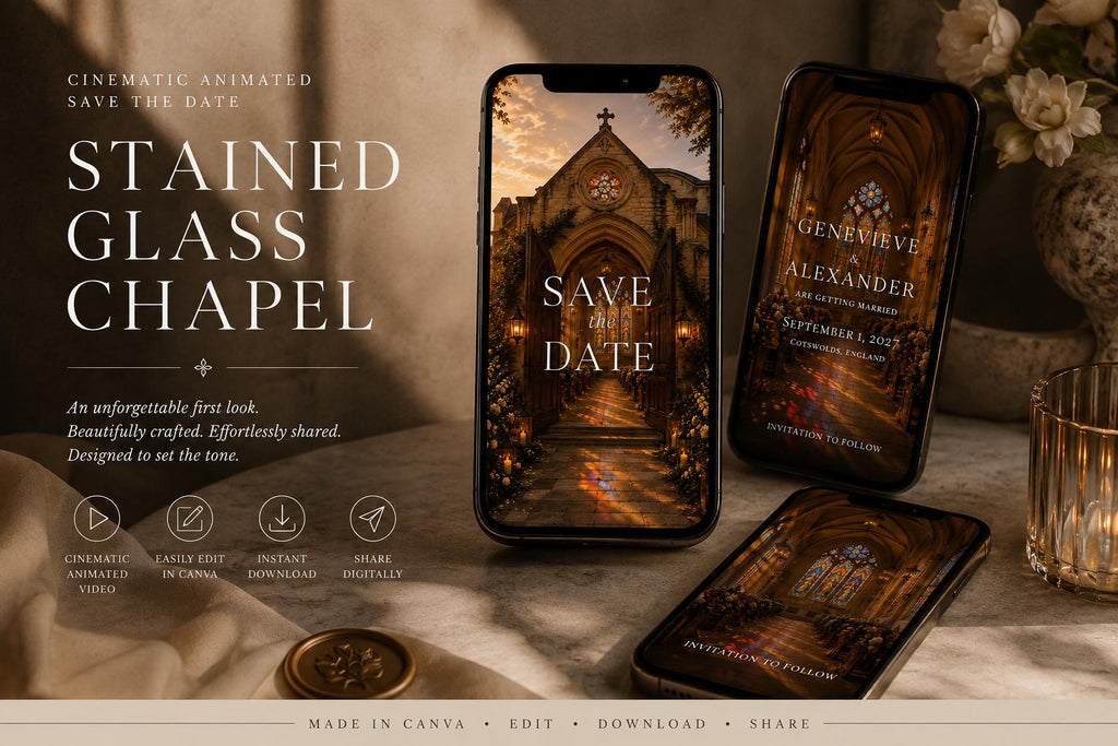 Cinematic Stained Glass Chapel Save the Date Template, Editable in Canva