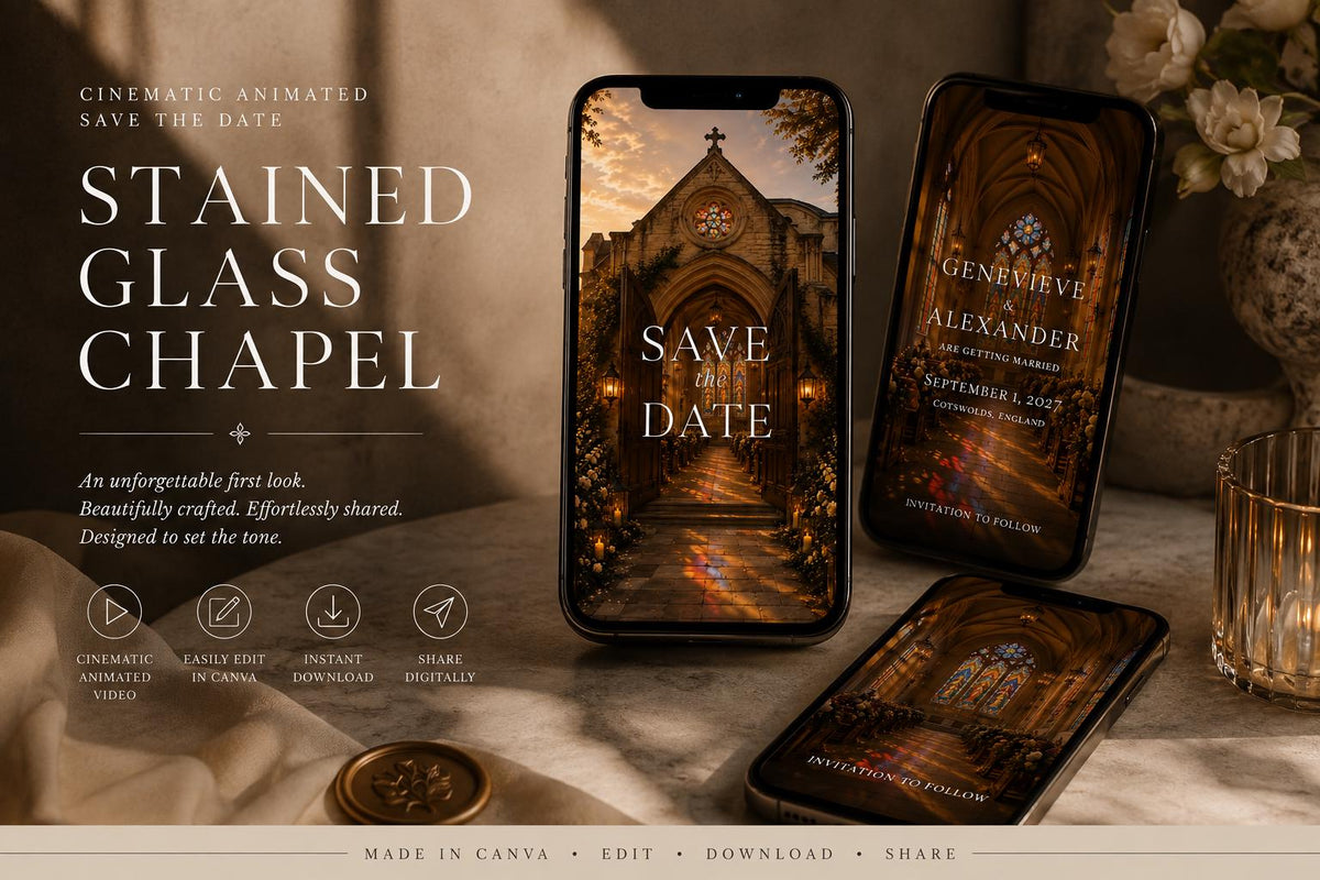 Cinematic Stained Glass Chapel Save the Date Template, Editable in Canva