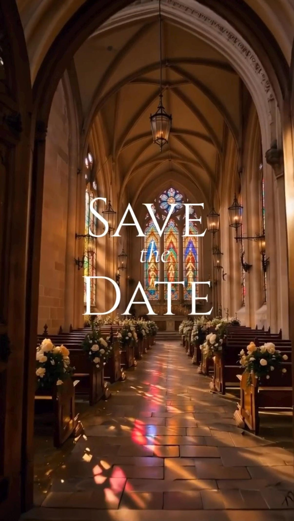 Cinematic Stained Glass Chapel Save the Date Template, Editable in Canva