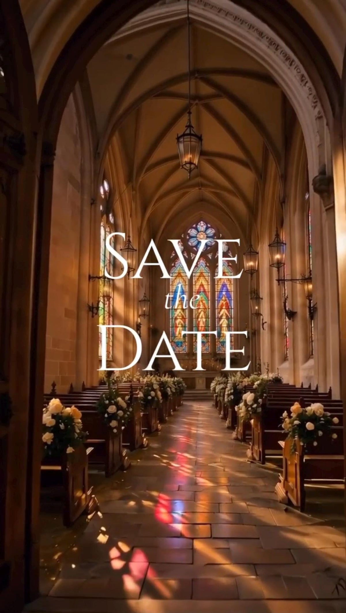 Cinematic Stained Glass Chapel Save the Date Template, Editable in Canva
