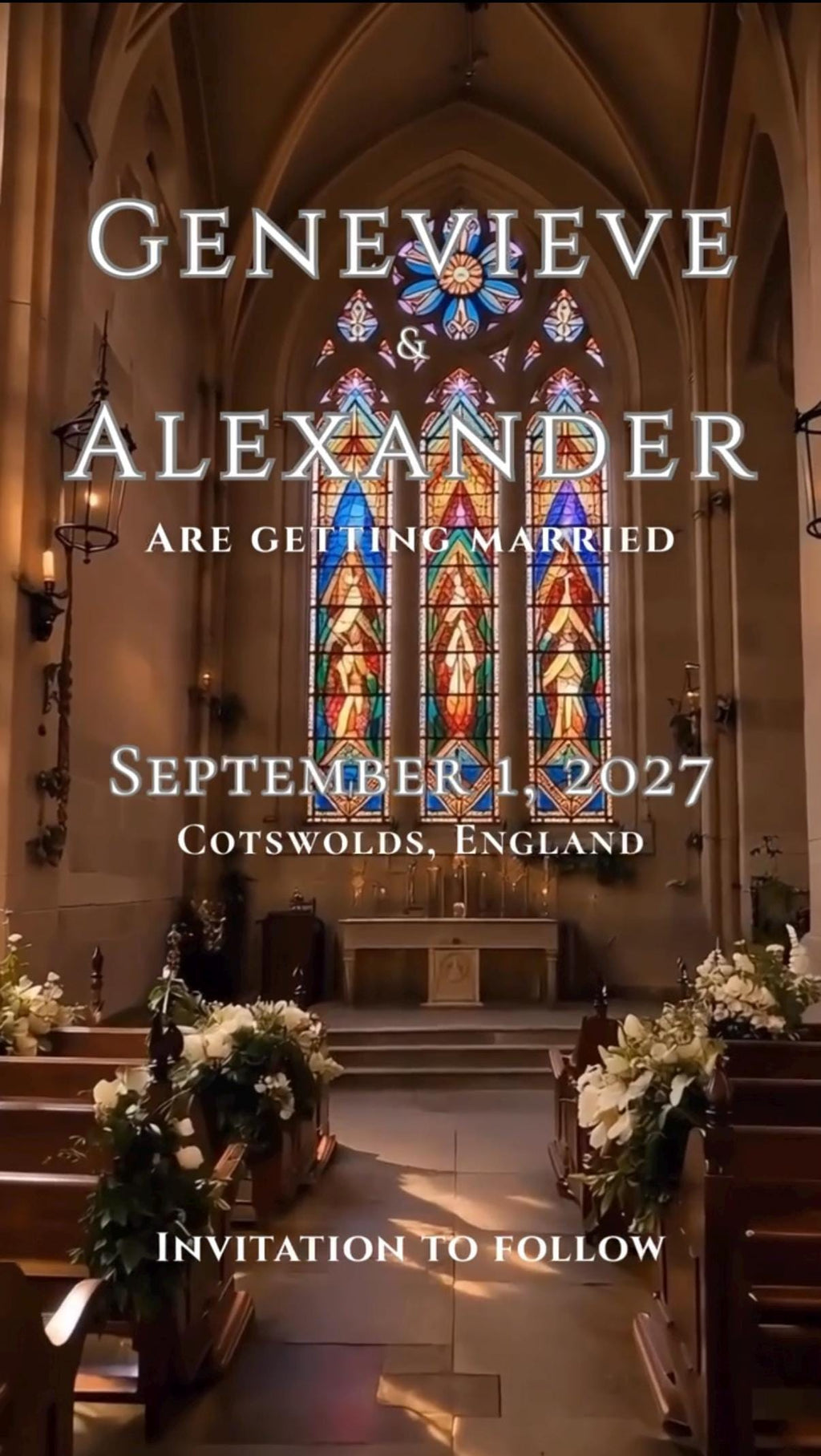 Cinematic Stained Glass Chapel Save the Date Template, Editable in Canva