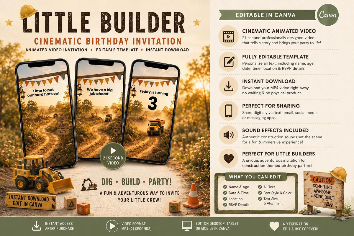 Cinematic Construction Birthday Invitation Template | Digital and Editable in Canva | Digger Dump Truck Birthday