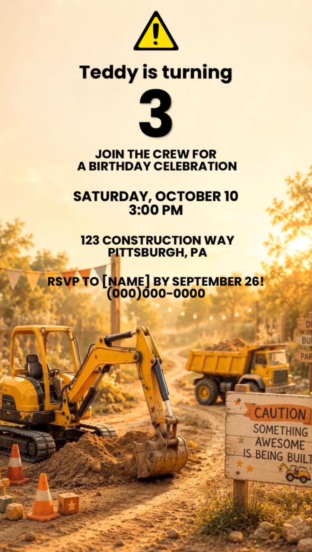Cinematic Construction Birthday Invitation Template | Digital and Editable in Canva | Digger Dump Truck Birthday
