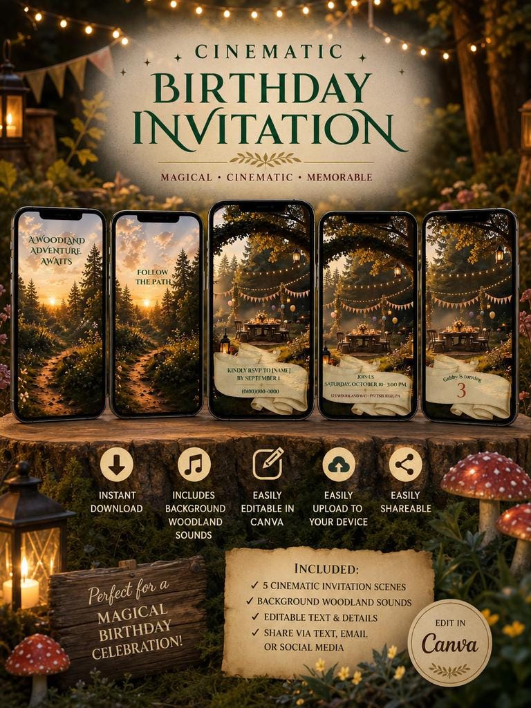 Cinematic Woodland Birthday Invitation Template | Digital and Editable in Canva