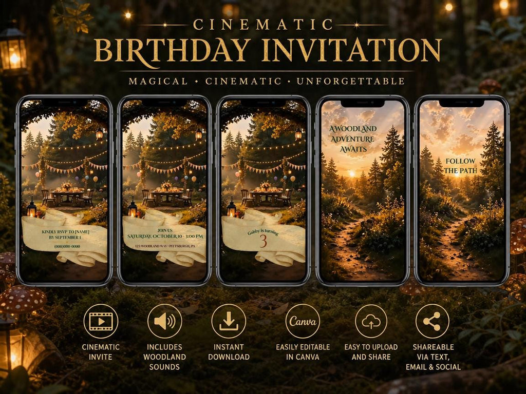 Cinematic Woodland Birthday Invitation Template | Digital and Editable in Canva