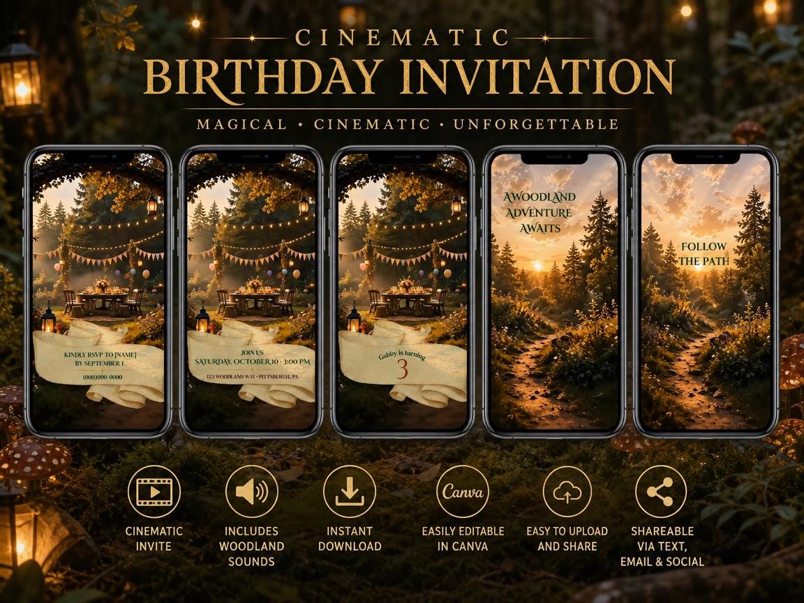 Cinematic Woodland Birthday Invitation Template | Digital and Editable in Canva