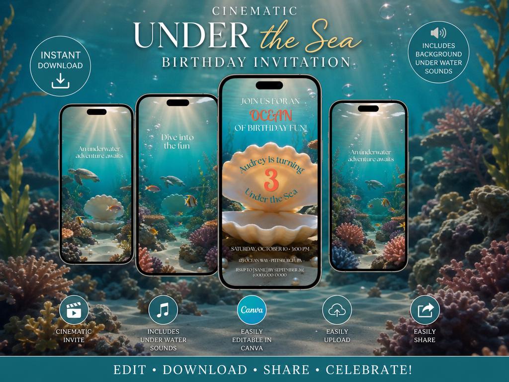Cinematic Under the Sea Birthday Invitation Template | Digital and Editable in Canva