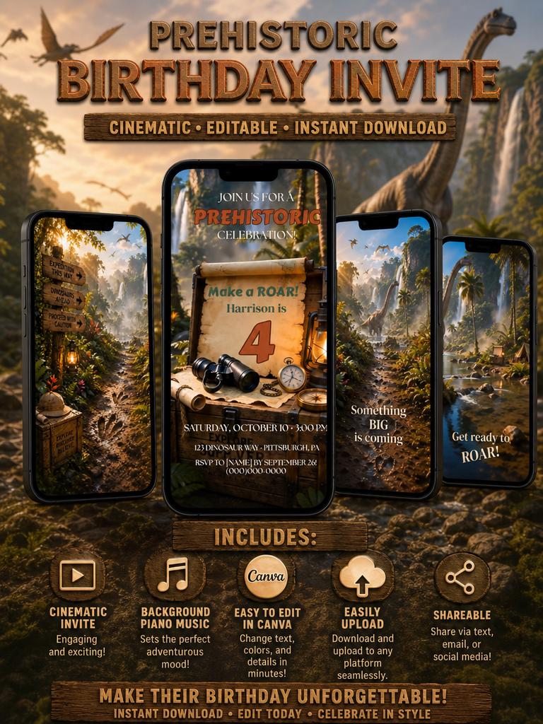 Cinematic Dinosaur Birthday Invitation Template | Animated, Digital, and Editable in Canva
