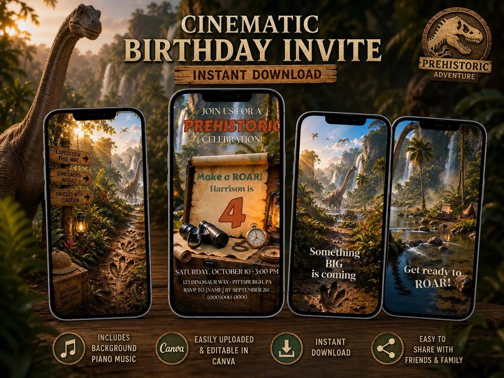 Cinematic Dinosaur Birthday Invitation Template | Animated, Digital, and Editable in Canva