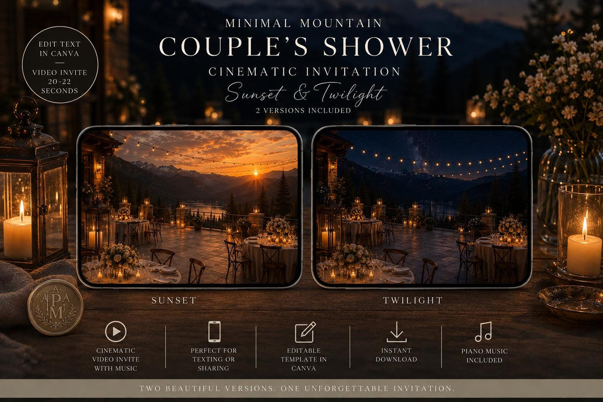 Cinematic Minimal Mountain Couple’s Shower Invitation | Editable in Canva | Includes Sunset & Twilight Versions