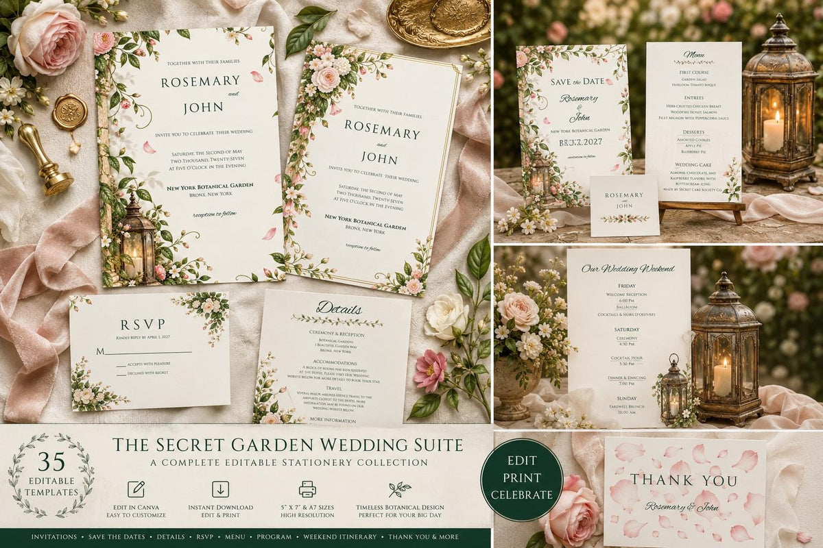 Secret Garden Wedding Invitation Suite Template | 35 Editable Canva Templates | Botanical Floral Wedding Bundle