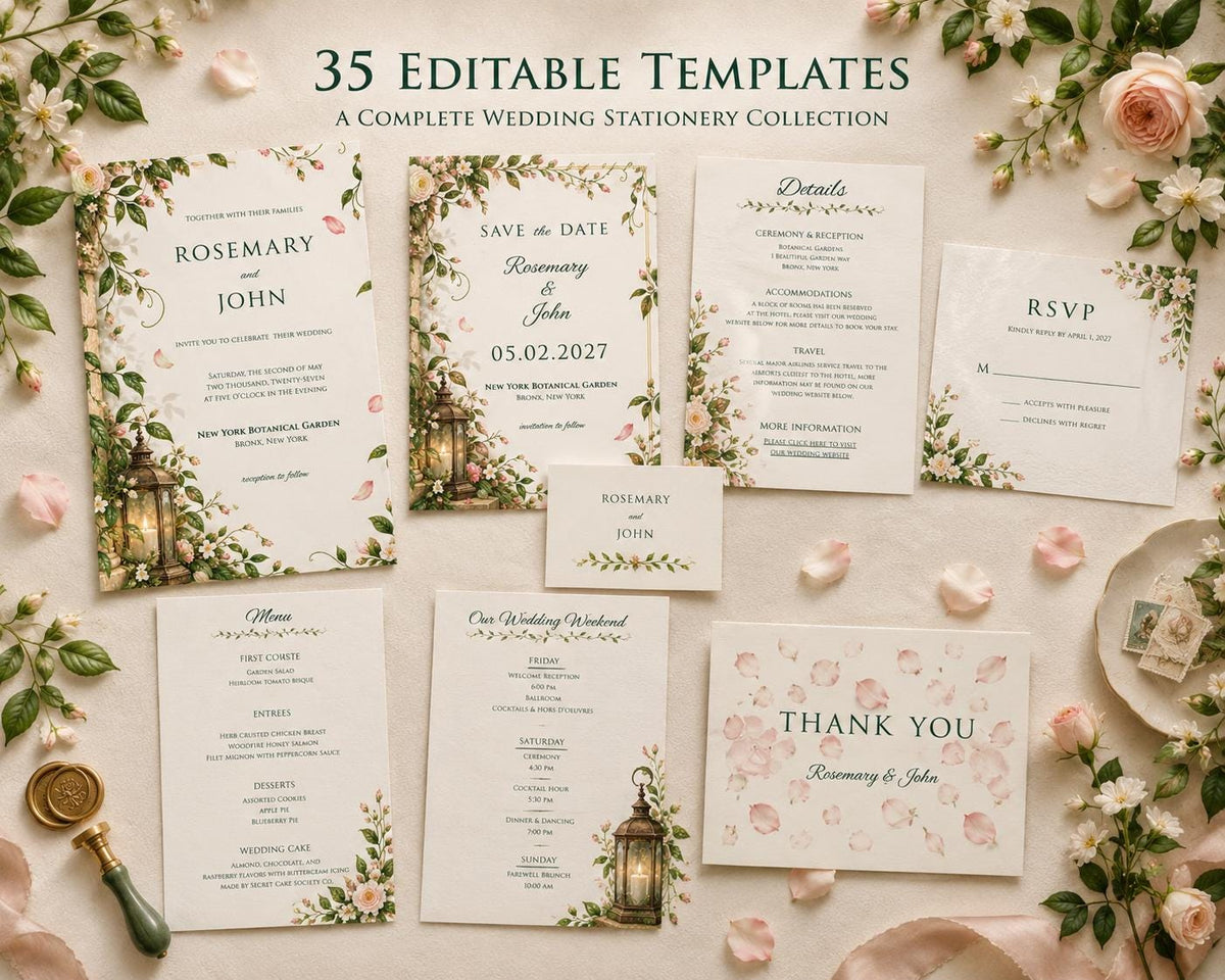 Secret Garden Wedding Invitation Suite Template | 35 Editable Canva Templates | Botanical Floral Wedding Bundle