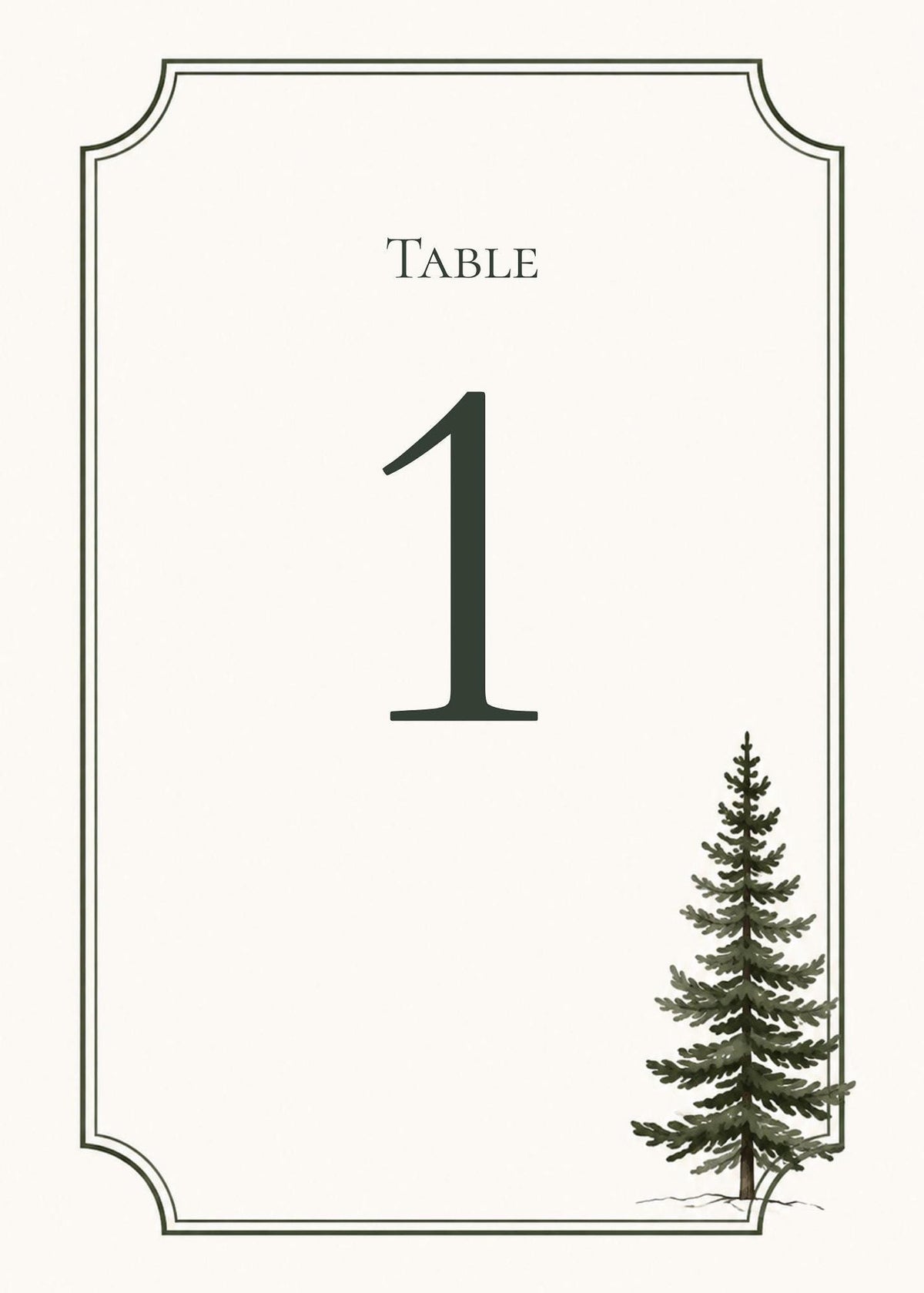 A table number sign with decorative border lines showing the number 1 and a single pine tree illustration in the bottom right corner.
