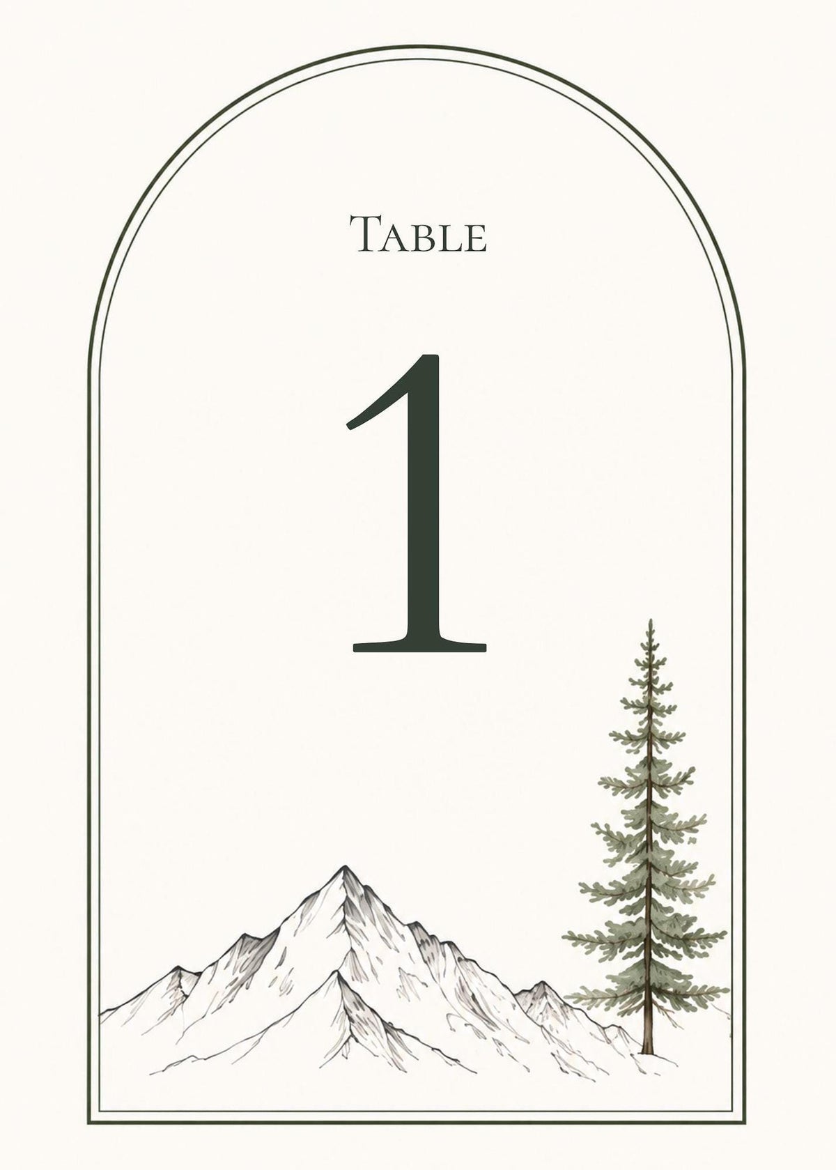 An arched table number sign with the number 1, featuring a pencil sketch of mountains and a single pine tree at the bottom.