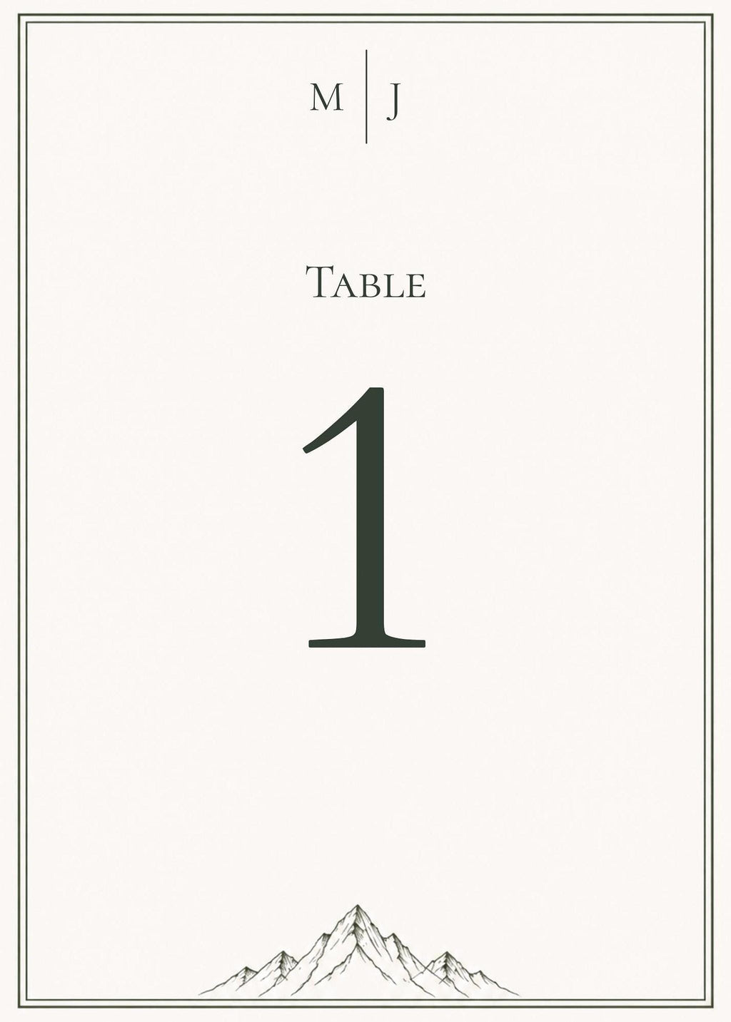 A framed table number sign with initials MJ at the top, the number 1 in the center, and a mountain illustration at the bottom.