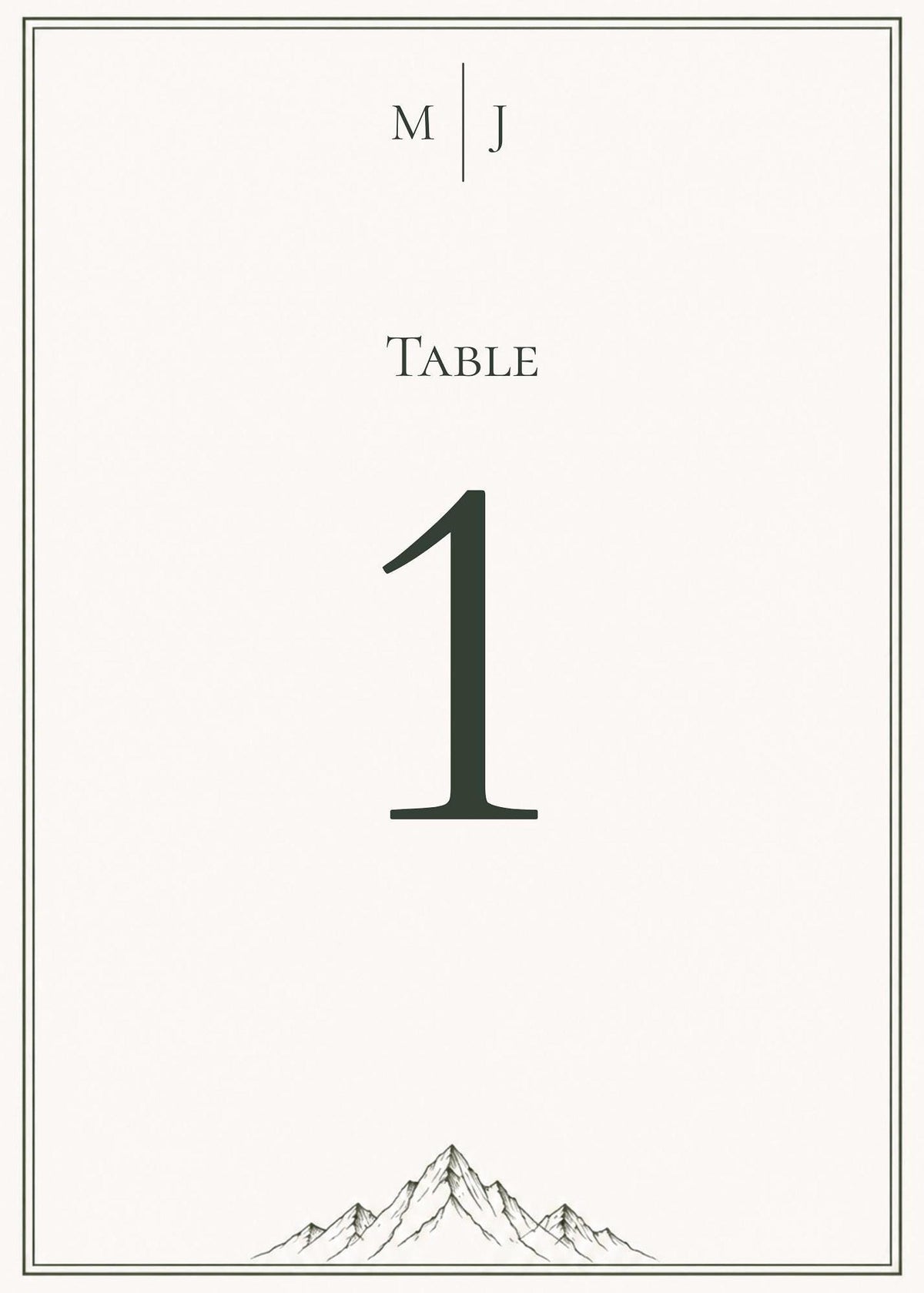 A framed table number sign with initials MJ at the top, the number 1 in the center, and a mountain illustration at the bottom.