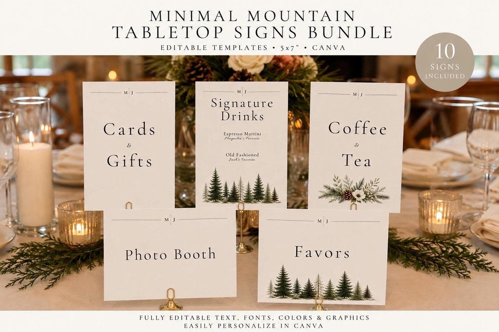 Tabletop signs for a wedding reception arranged on a table with greenery, candles, and place settings.