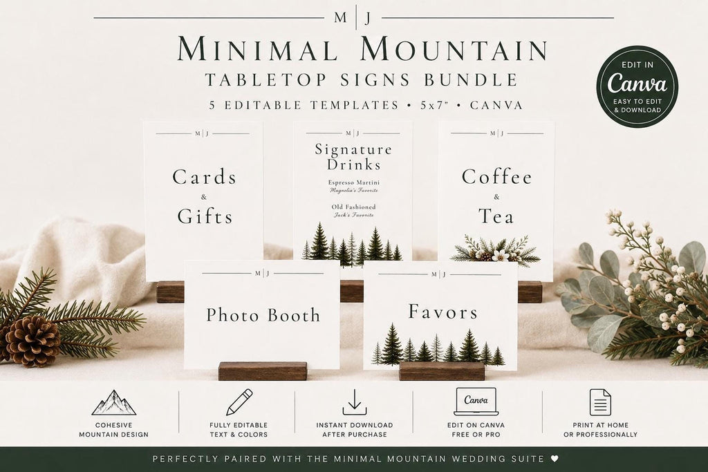 Five tabletop signs displaying Cards and Gifts, Signature Drinks, Coffee and Tea, Photo Booth, and Favors with pine tree illustrations.