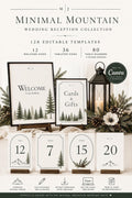 A display of minimal mountain wedding reception templates including welcome signs, cards and gifts signs, and table numbers featuring pine tree graphics.