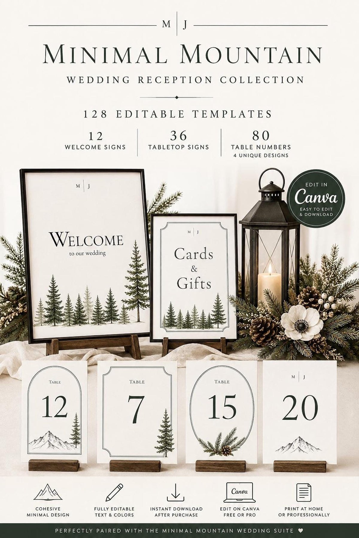 A display of minimal mountain wedding reception templates including welcome signs, cards and gifts signs, and table numbers featuring pine tree graphics.