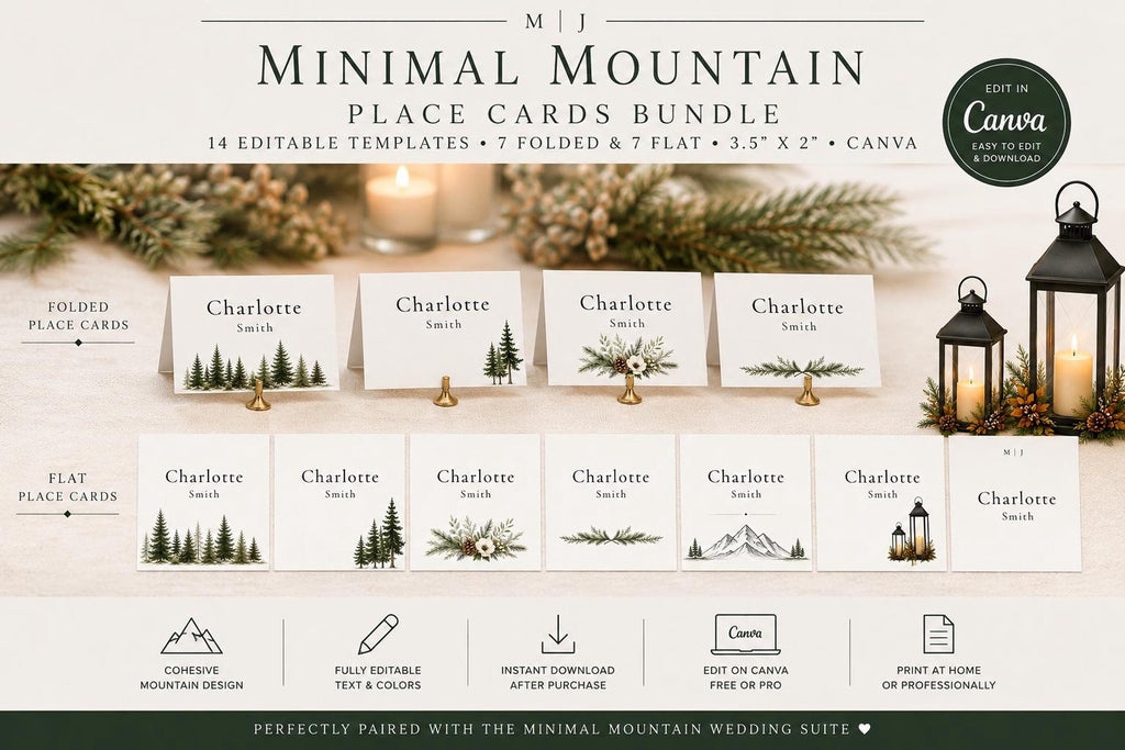 Four folded and seven flat place cards with individual guest names and pine tree or botanical accents.