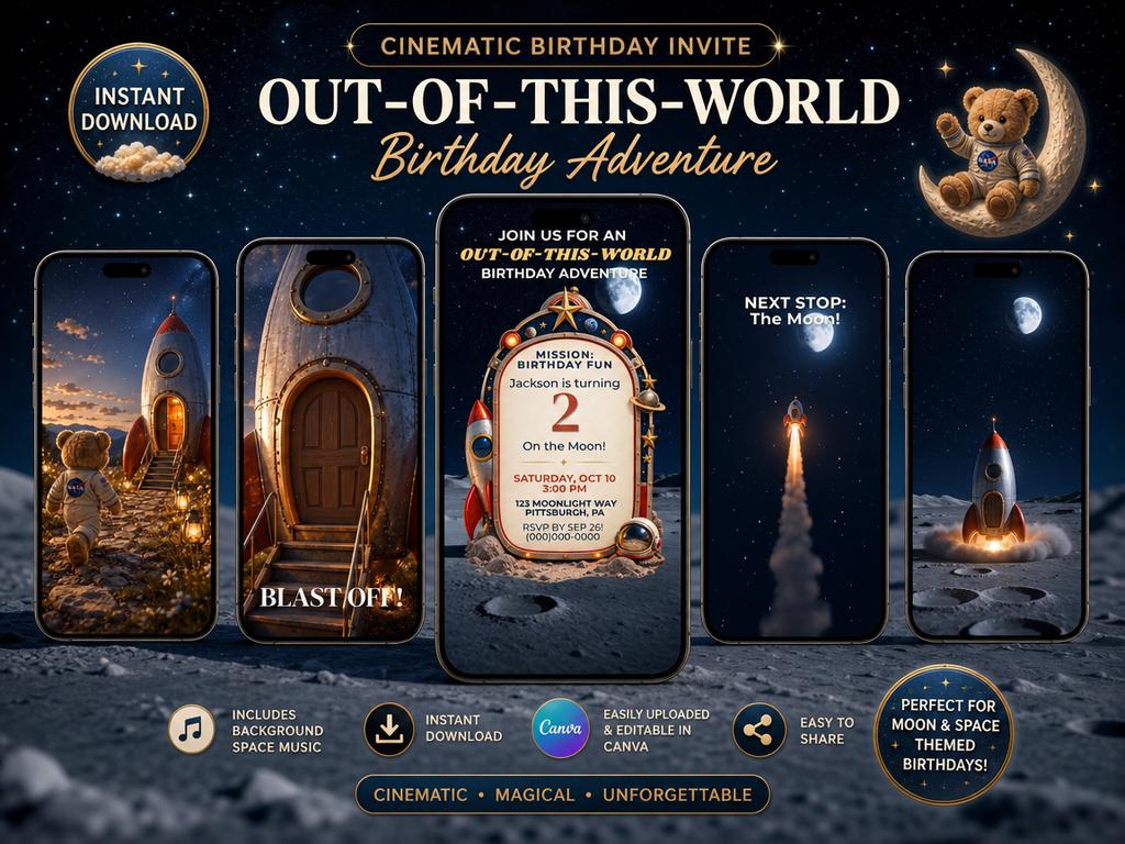 Cinematic Space Adventure Birthday Invitation | Animated, Digital, and Editable in Canva