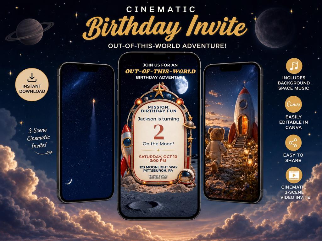 Cinematic Space Adventure Birthday Invitation | Animated, Digital, and Editable in Canva