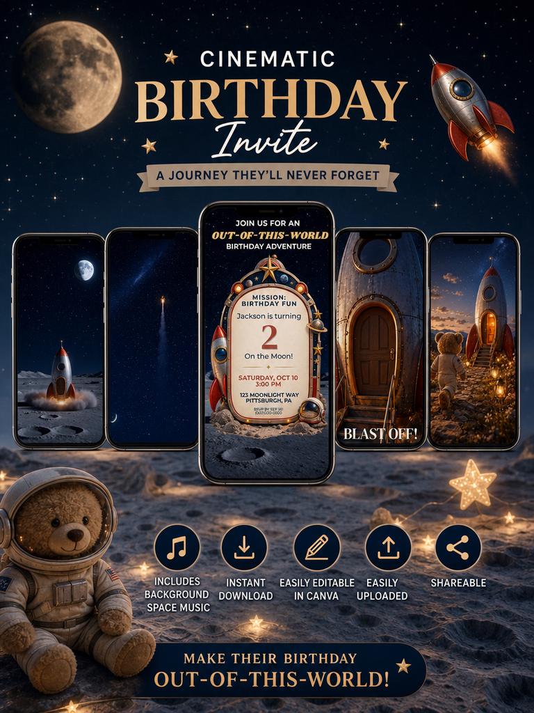 Cinematic Space Adventure Birthday Invitation | Animated, Digital, and Editable in Canva