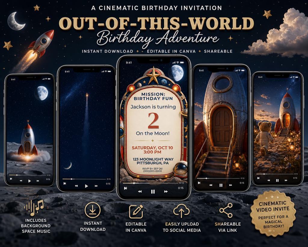 Cinematic Space Adventure Birthday Invitation | Animated, Digital, and Editable in Canva