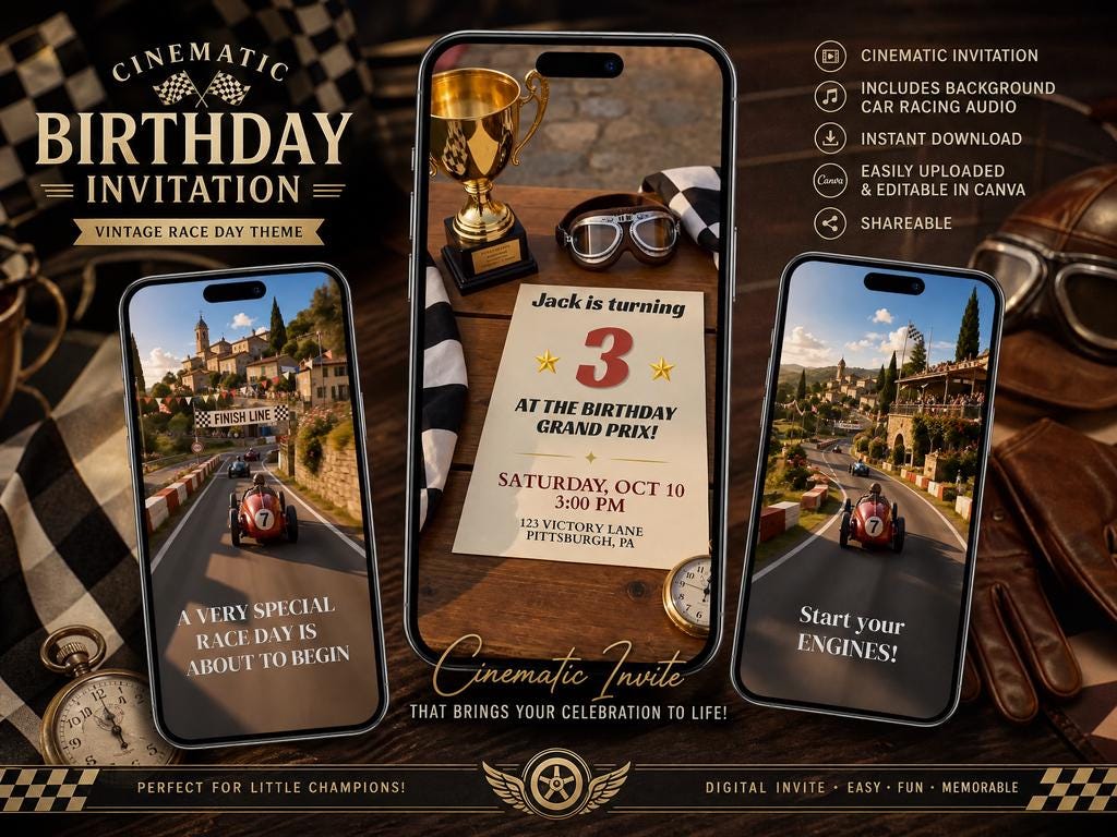Cinematic Vintage Race Car Birthday Invitation Template | Animated, Digital, and Editable in Canva