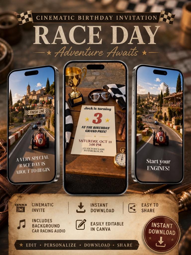Cinematic Vintage Race Car Birthday Invitation Template | Animated, Digital, and Editable in Canva