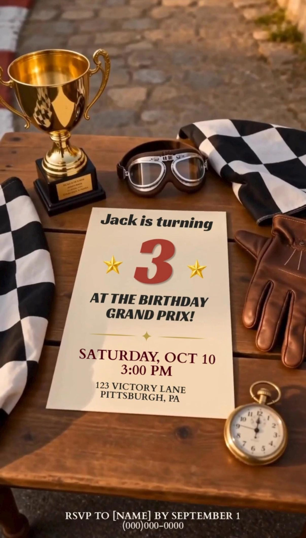 Cinematic Vintage Race Car Birthday Invitation Template | Animated, Digital, and Editable in Canva