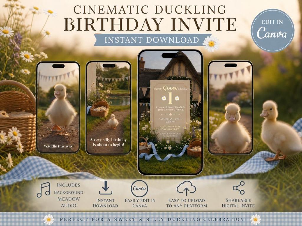 Cinematic Duckling Birthday Invitation Template | Animated, Digital, and Editable in Canva