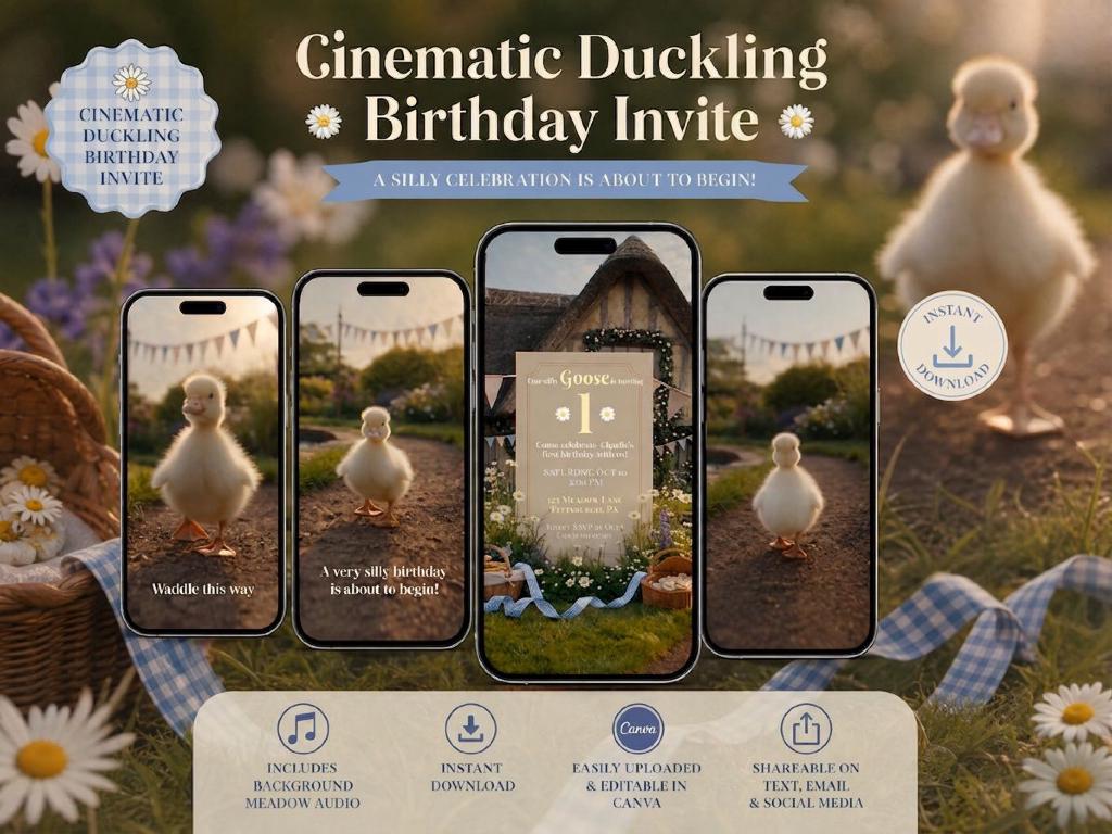 Cinematic Duckling Birthday Invitation Template | Animated, Digital, and Editable in Canva