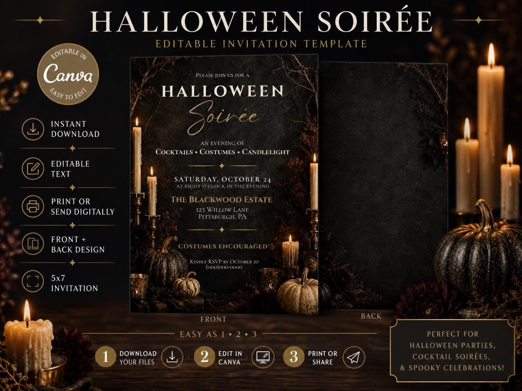 Editable Halloween Soirée Invitation Template | Edintable in Canva | Digital Download