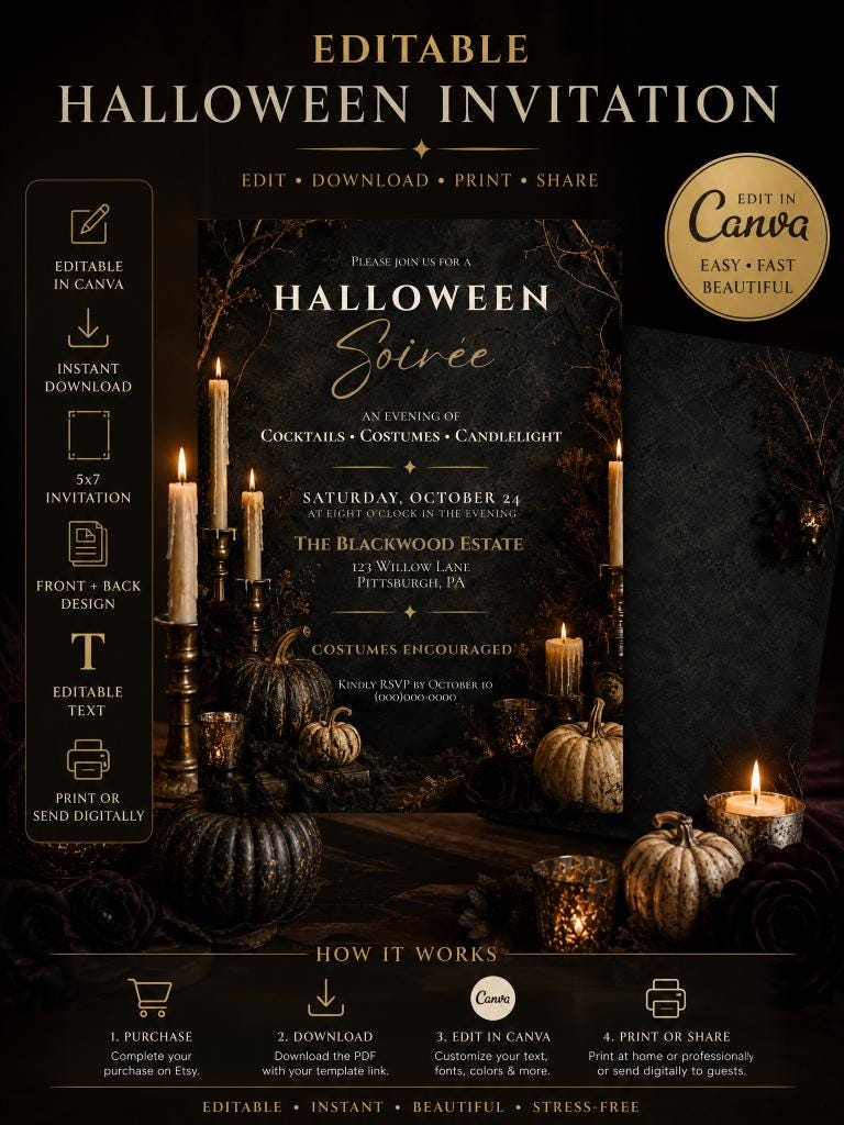 Editable Halloween Soirée Invitation Template | Edintable in Canva | Digital Download