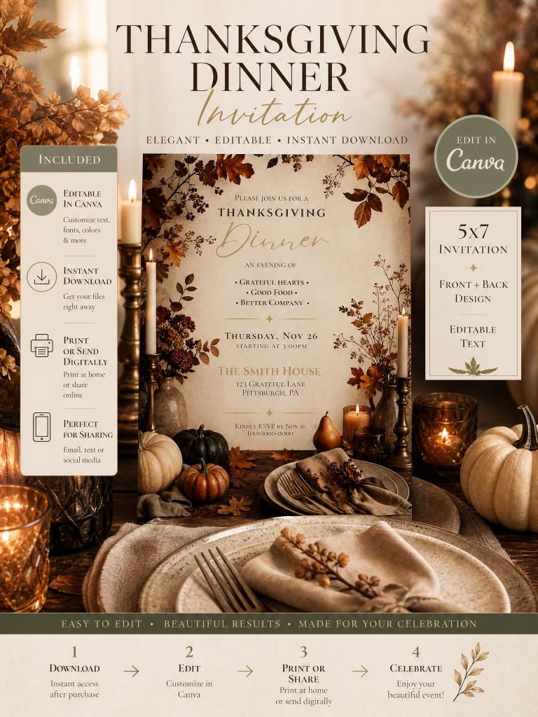 Editable Thanksgiving Dinner Invitation Template | Editable in Canva | Digital Download
