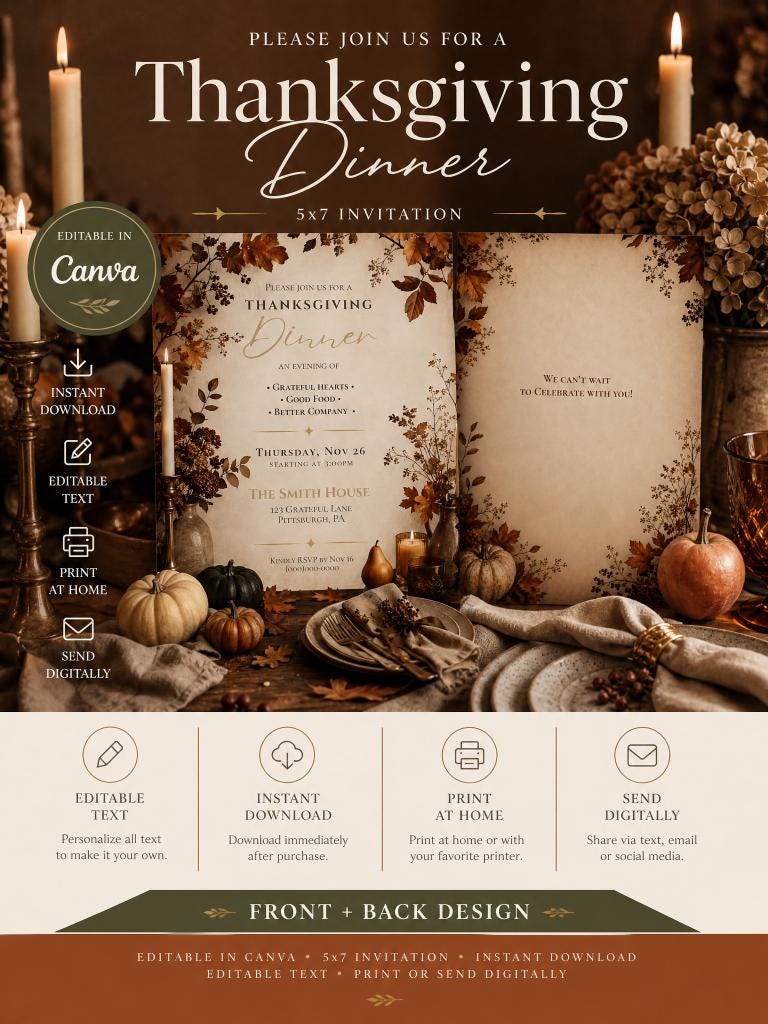 Editable Thanksgiving Dinner Invitation Template | Editable in Canva | Digital Download