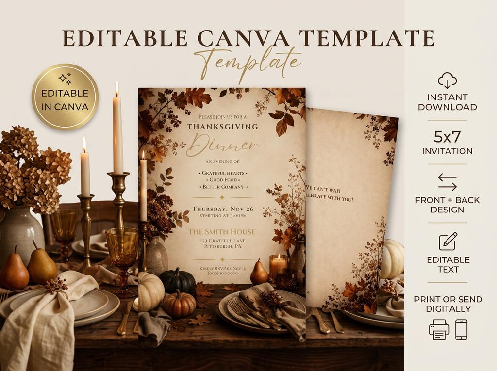 Editable Thanksgiving Dinner Invitation Template | Editable in Canva | Digital Download